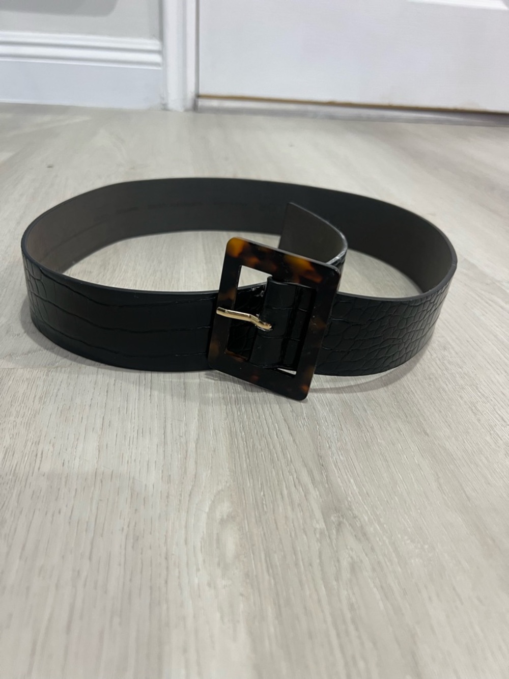 Wide Black Faux-Croc Belt with Tortoise Shell Buckle